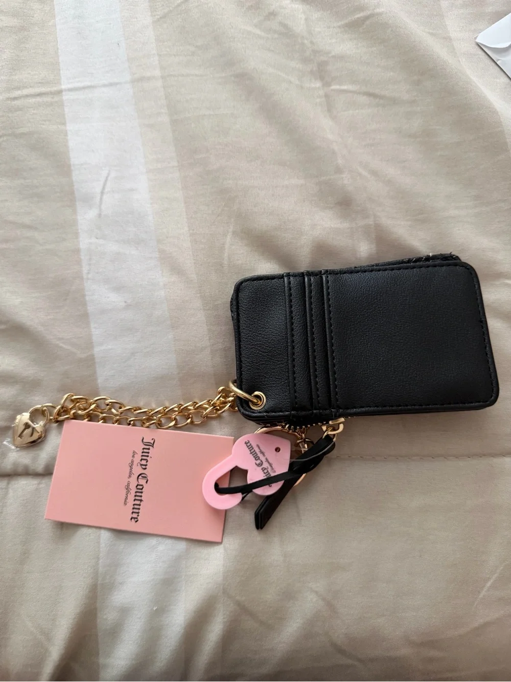 Juicy Couture Black Embossed Zip Card Case with Gold Chain Charm